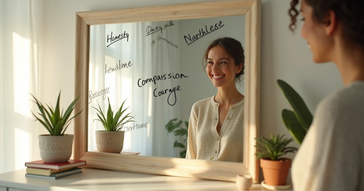 Person reflected in mirror with values written on glass 