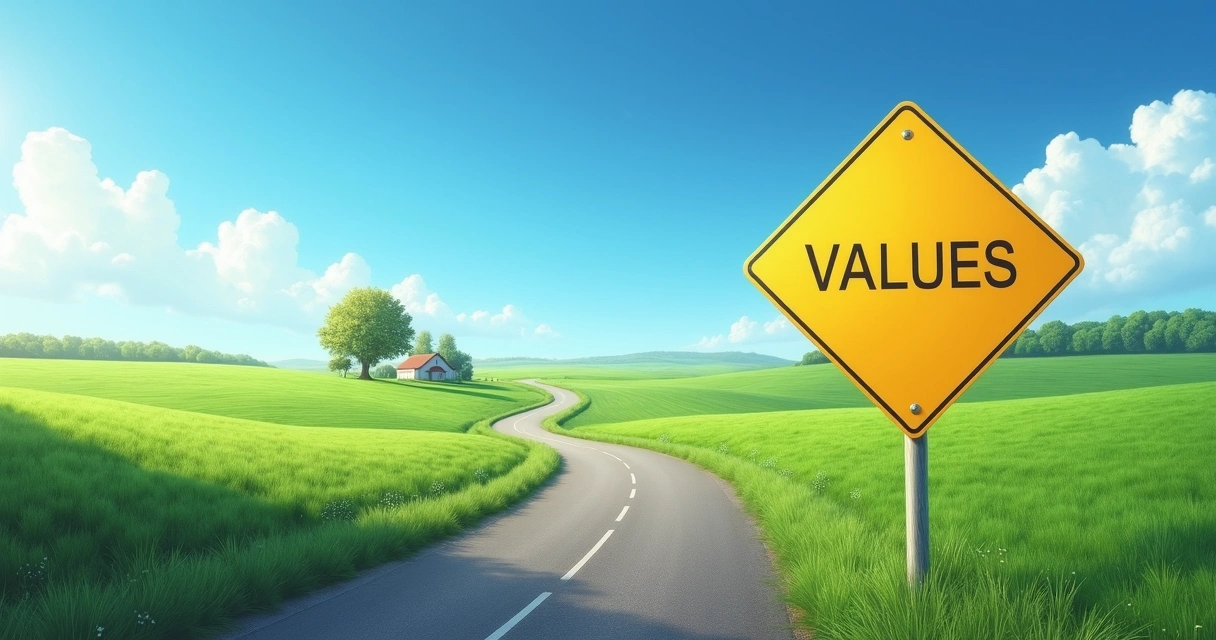 Yellow road sign with the word Values in a rural landscape 