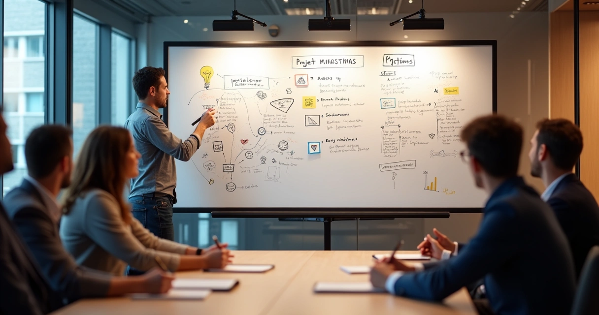 Whiteboard with project milestones and values icons in a meeting room