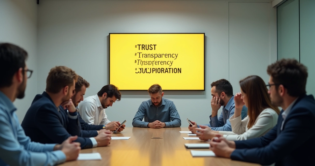 A sign showing group values on the wall with people acting differently below.