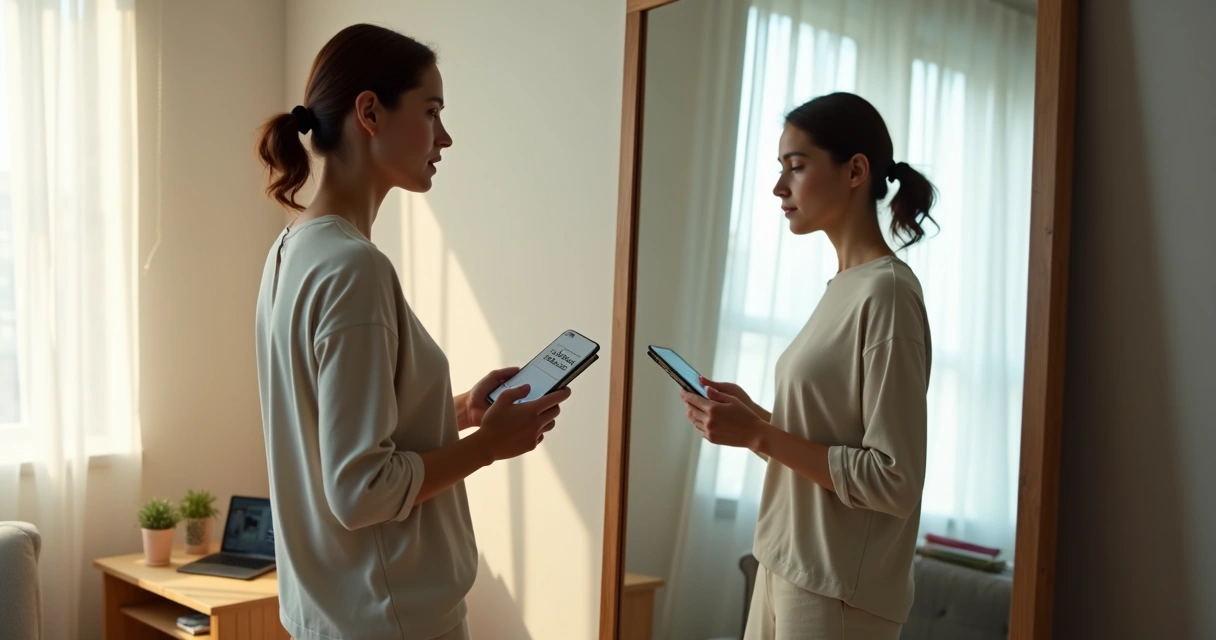 Person looking at split reflection showing aligned and misaligned actions 