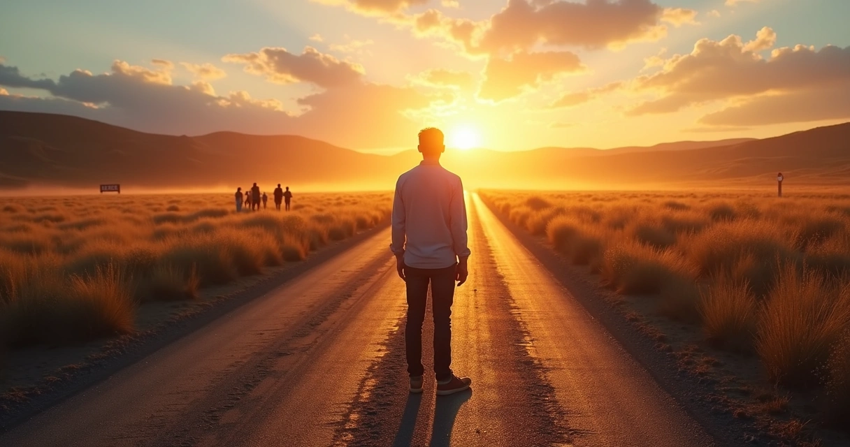 Person standing at a forked road choosing between values and habits 