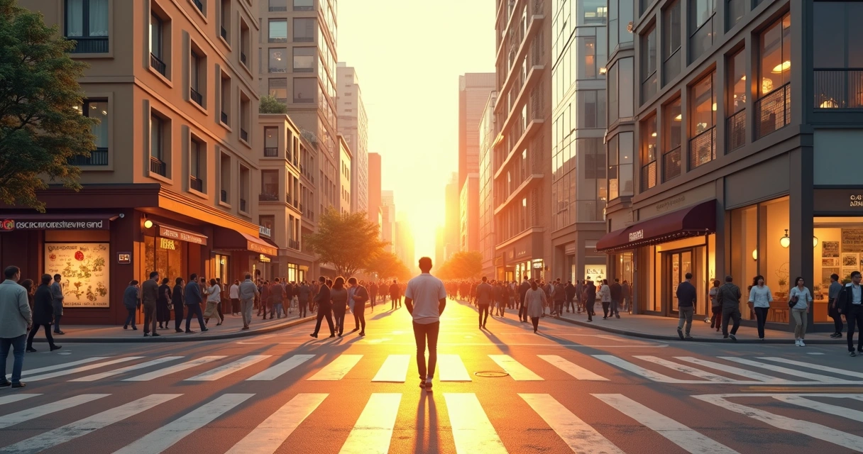 Person standing at an urban crosswalk with contrasting cultural symbols on each side 