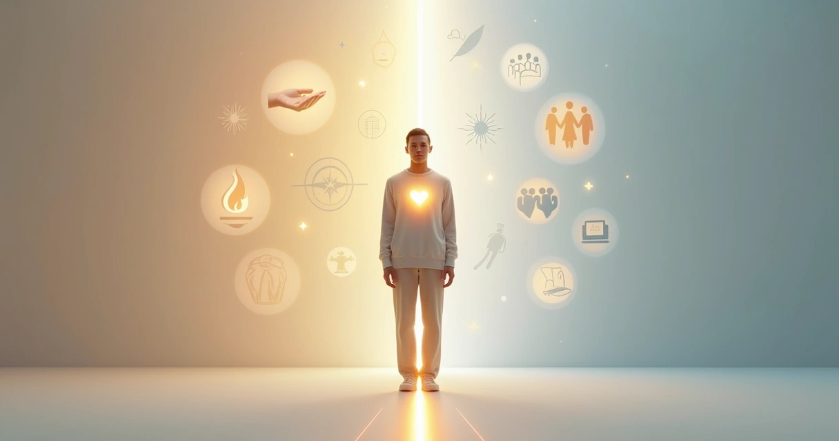 Person standing on a line between inner values and outer roles icons 