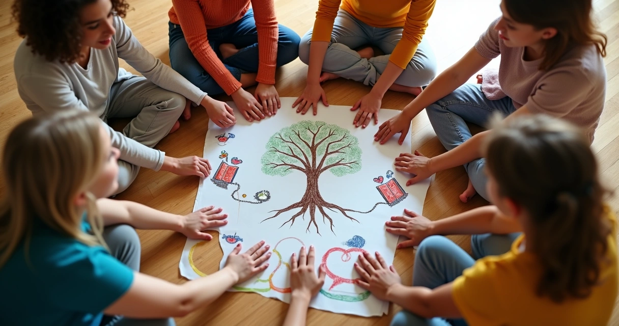 Diverse hands joined in circle around symbols of growth 