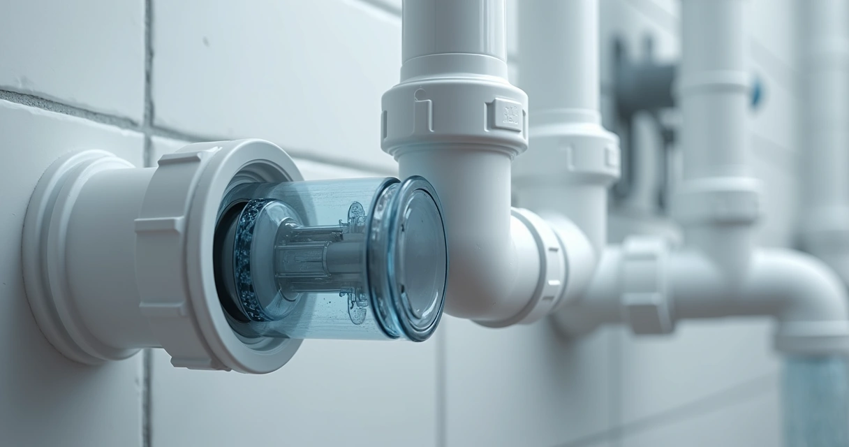 Válvula anti-retorno instalada num tubo de esgoto de casa de banho 