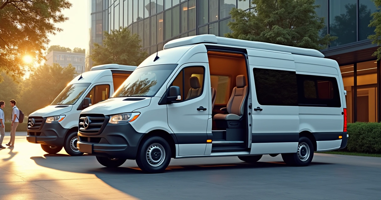 Vans modernas para transporte de colaboradores em ambiente corporativo 