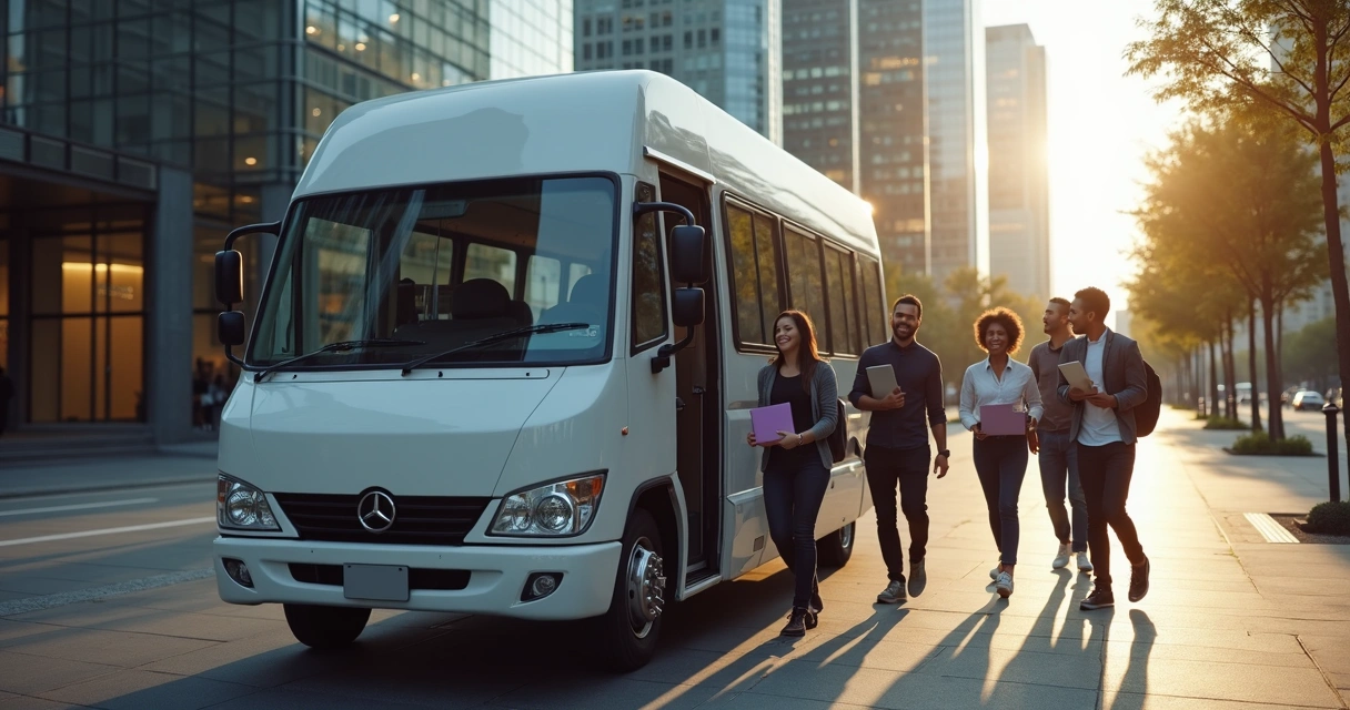 Equipe corporativa embarcando em van de transporte no início do dia 