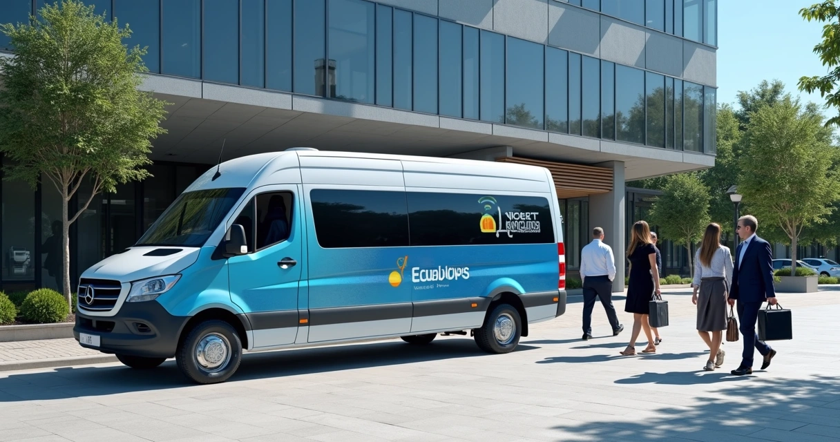 Van corporativa moderna parada em frente a um edifício comercial para evento corporativo 