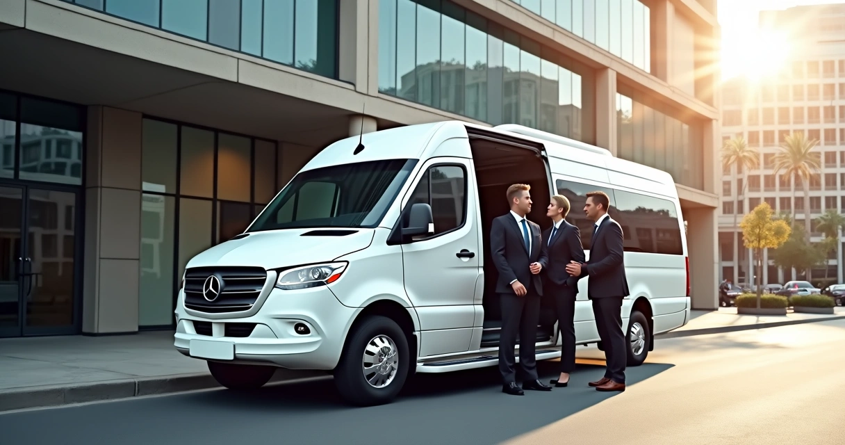 Van executiva branca estacionada em frente a um prédio comercial 