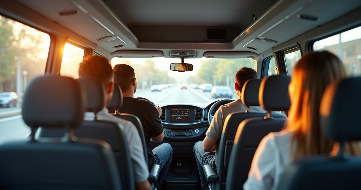 Interior de van corporativa com funcionários confortáveis 