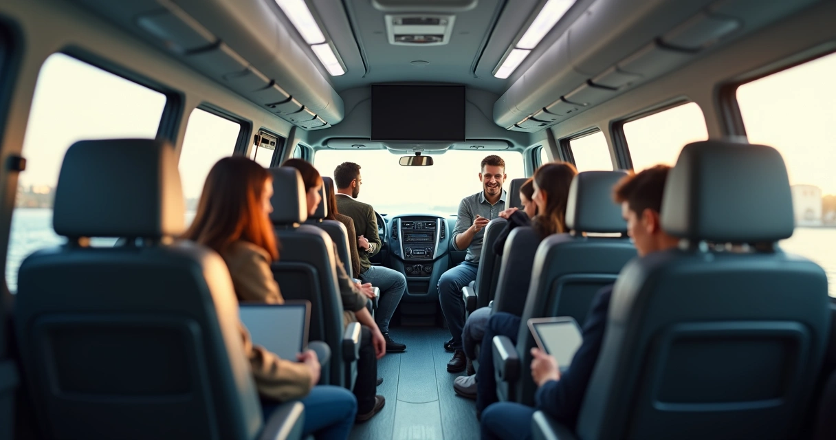 Interior de van corporativa com bancos confortáveis e colaboradores sentados.
