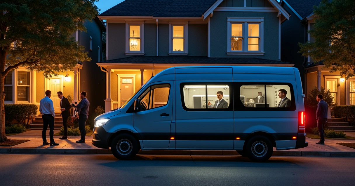 Van corporativa estacionada à noite em rua tranquila 
