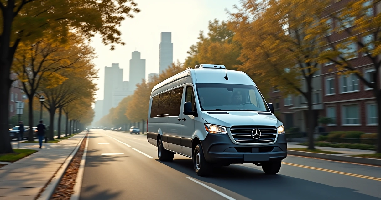 Van branca levando colaboradores para a empresa em estrada urbana 