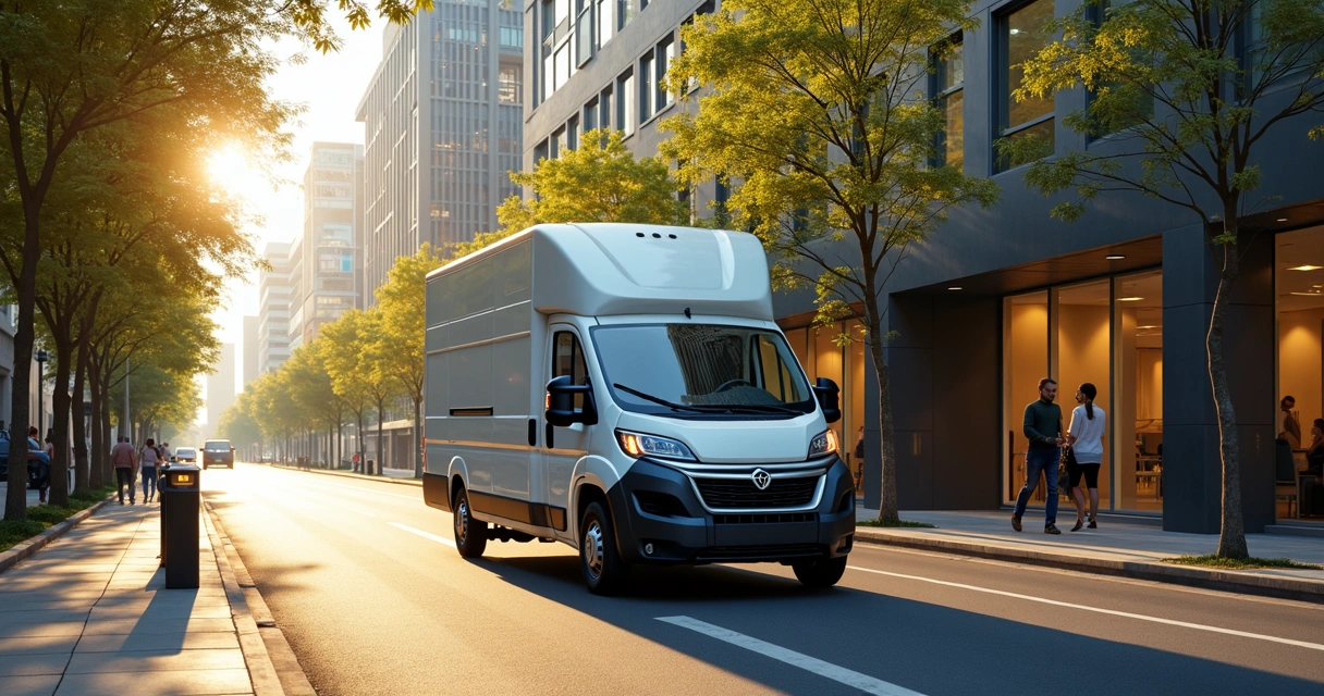 Van corporativa percorrendo rota personalizada em rua urbana 