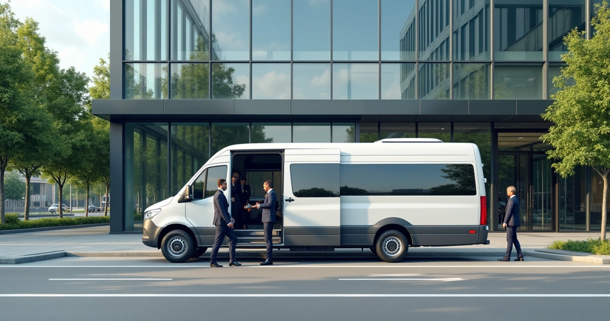 Van branca estacionada em frente a prédio empresarial moderno 