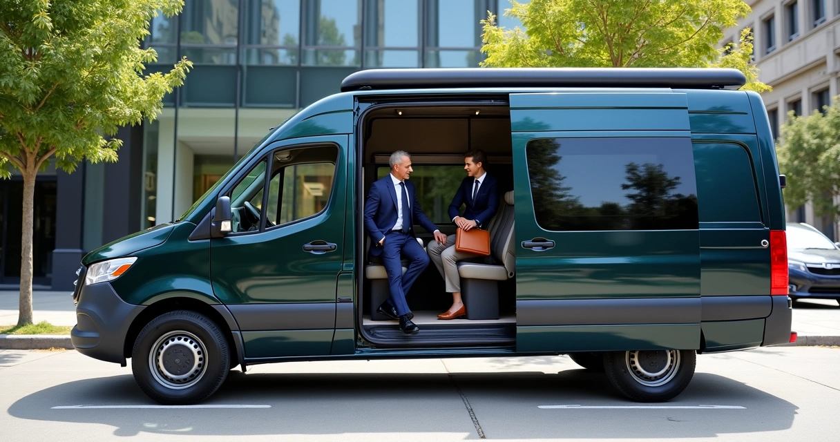 Van corporativa estacionada em área urbana 