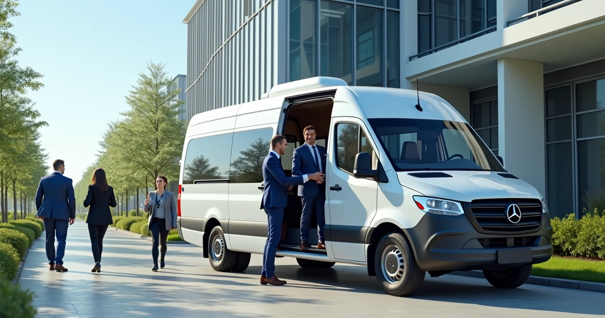 Van corporativa branca estacionada com colaboradores entrando para transporte empresarial 