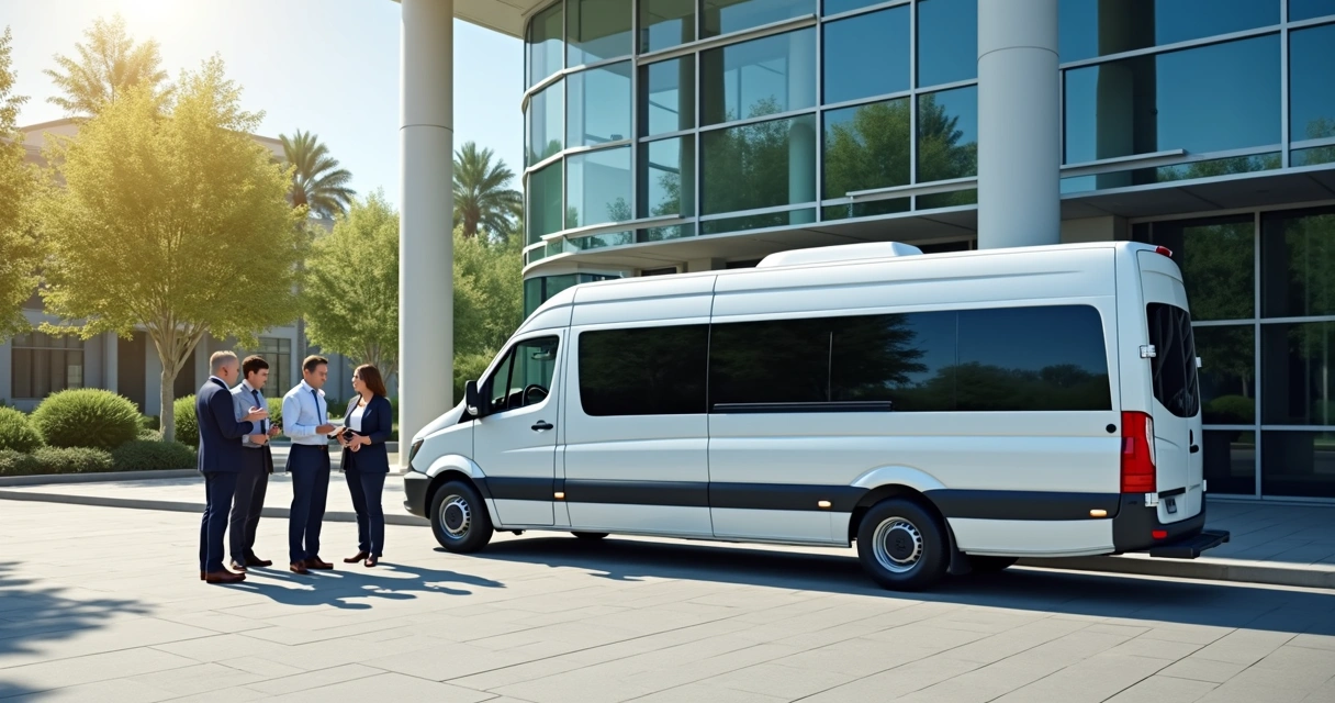 Van corporativa branca parada em frente a prédio comercial durante o dia, com empresários conversando ao redor 