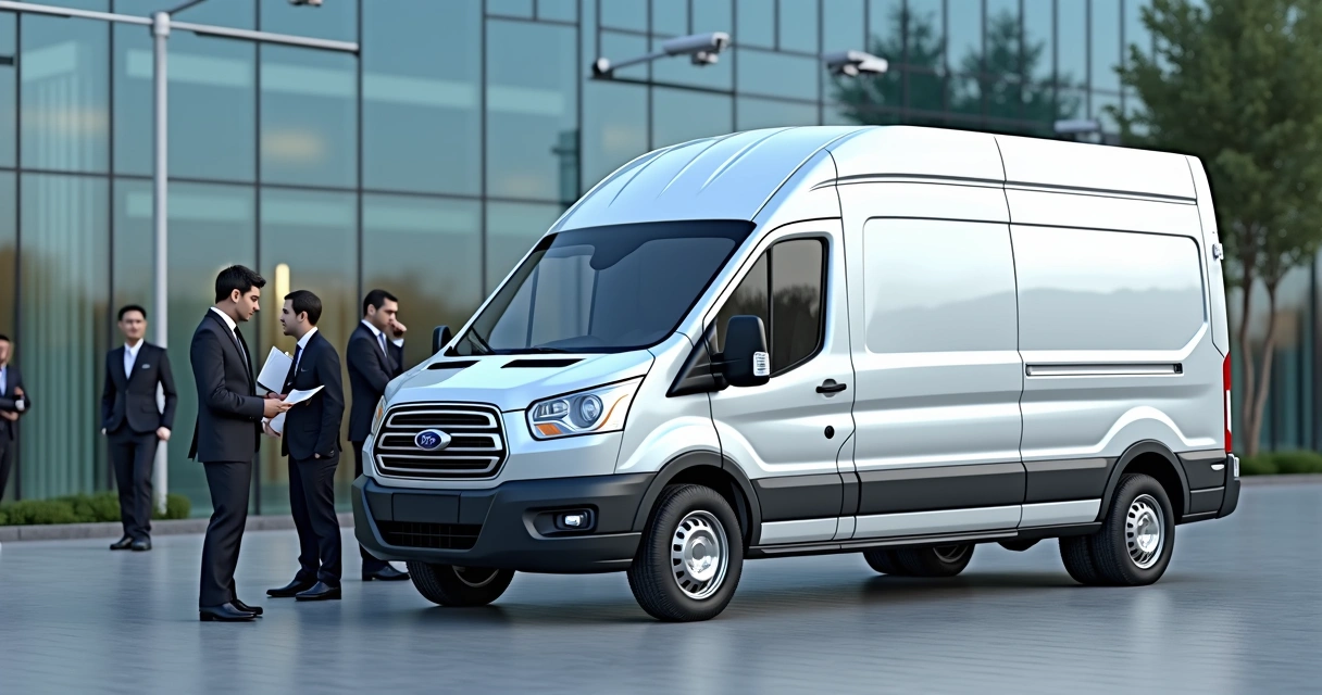 Van corporativa branca parada em frente a empresa, com motorista ao lado conferindo documentos de seguro 