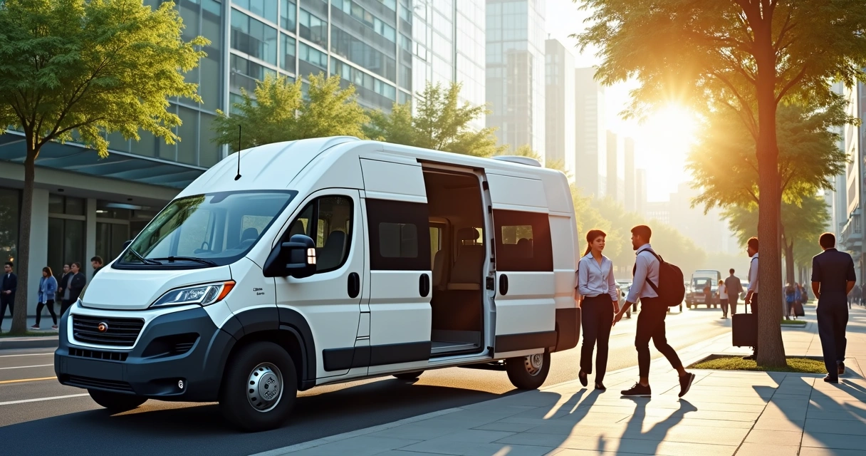Van branca de transporte corporativo parando em ponto urbano com colaboradores embarcando 