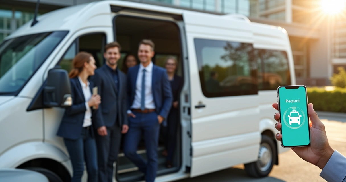 Van branca moderna estacionada em frente a prédio corporativo, com motorista abrindo a porta para colaboradores entrarem, ao lado de um motorista solicitando corrida em aplicativo de transporte em sma