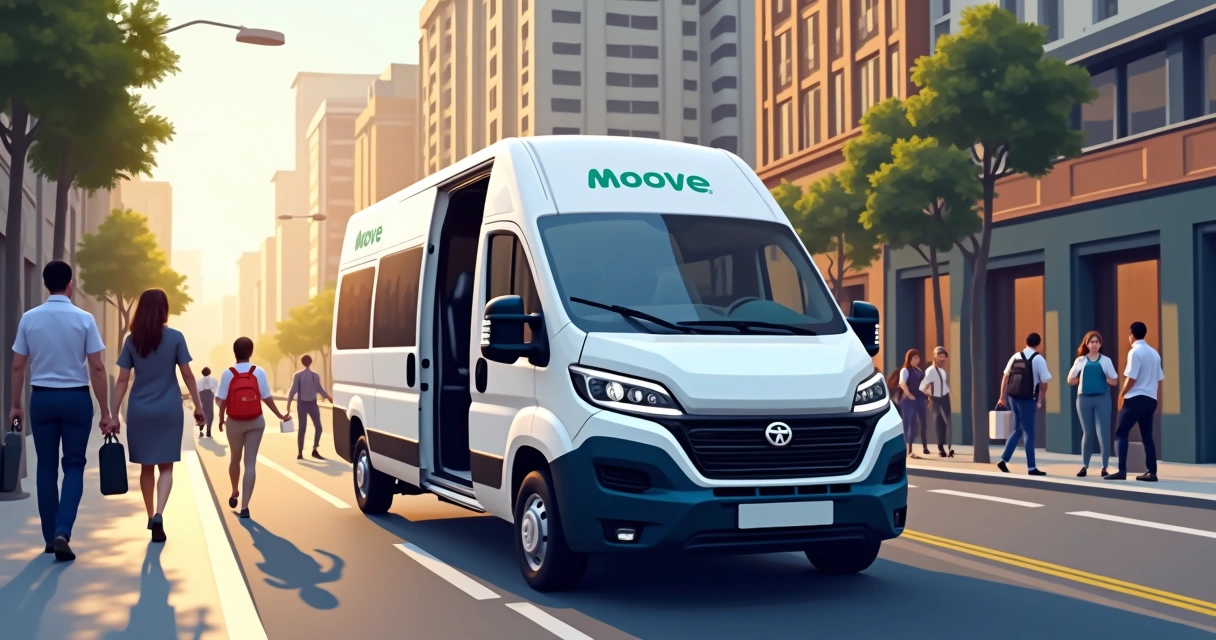 Van de transporte corporativo em rota personalizada passando por ruas urbanas