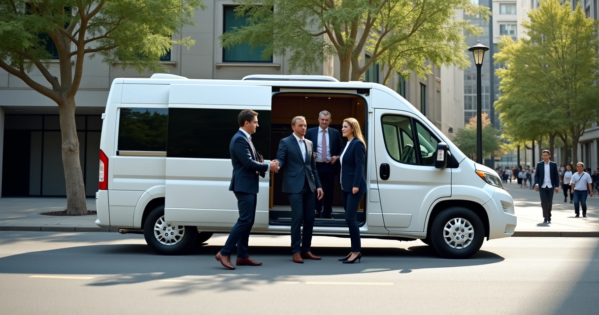 Van executiva branca estacionada em rua urbana, com colaboradores entrando confortavelmente pela porta lateral 