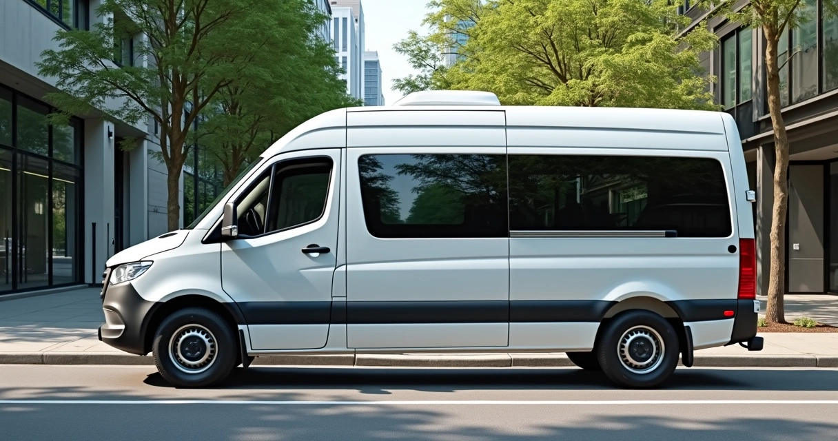 Van executiva branca estacionada em rua urbana com prédios e árvores ao redor 