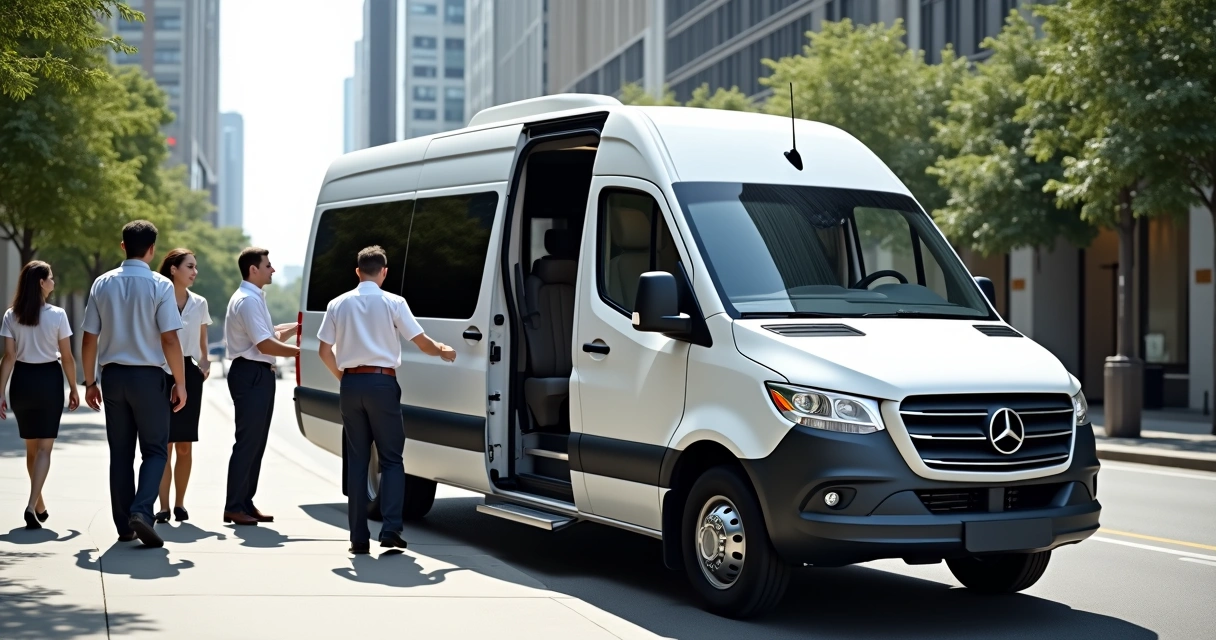 Van branca de fretamento corporativo estacionada em rua urbana, com passageiros entrando e segurança visível 