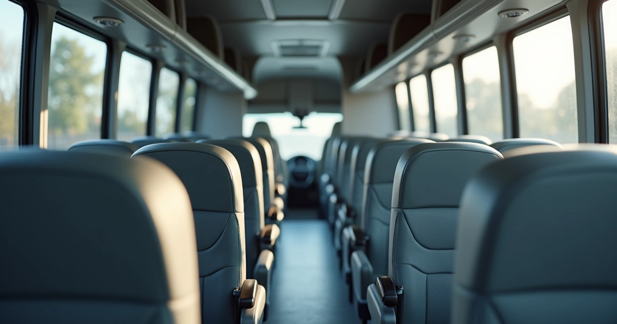 Interior da van corporativa com bancos limpos e organizados 