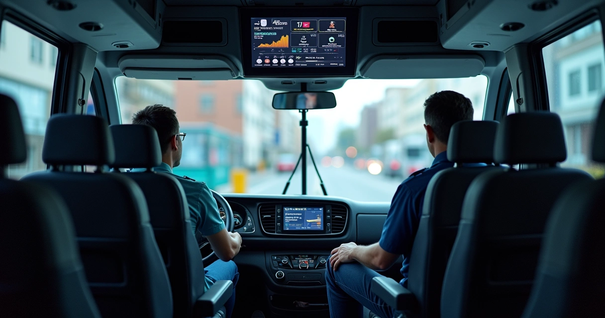 Painel de van mostrando tecnologia de telemetria e motorista atento