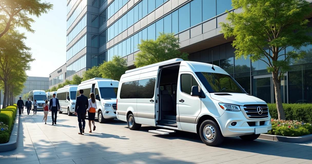 Vans modernas paradas em empresa para transporte corporativo de colaboradores 