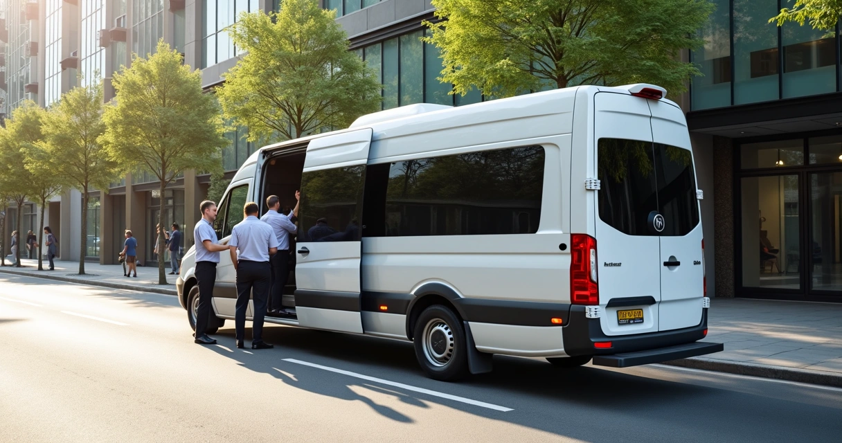 Van branca de fretamento corporativo estacionada com colaboradores entrando 