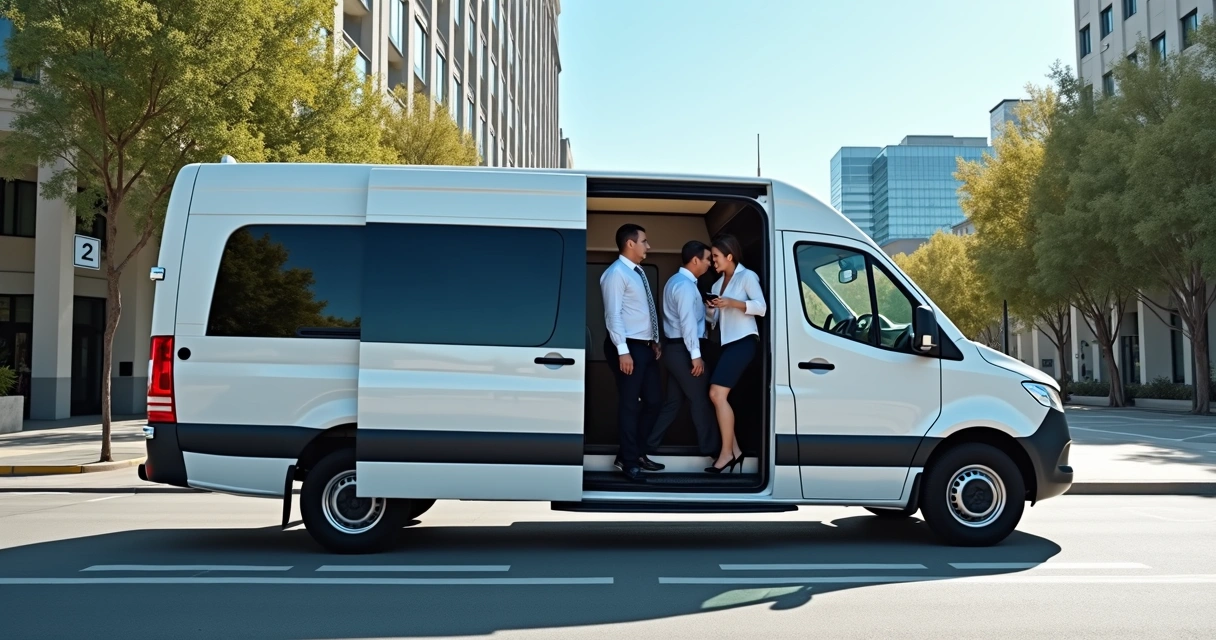 Van branca moderna transportando colaboradores em ambiente corporativo durante o dia 