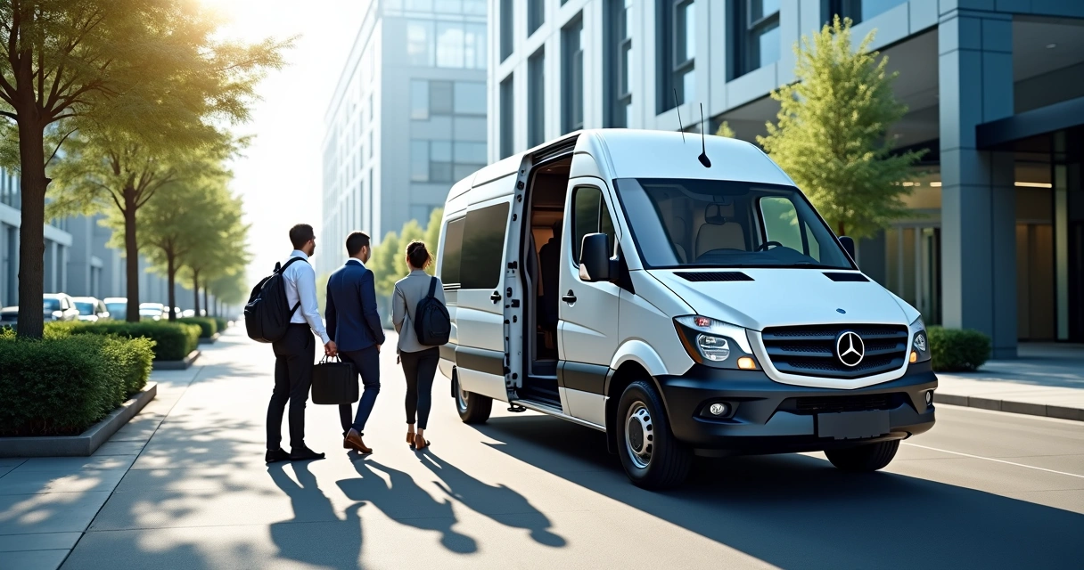 Van branca circulando em rua urbana com funcionários corporativos embarcando 