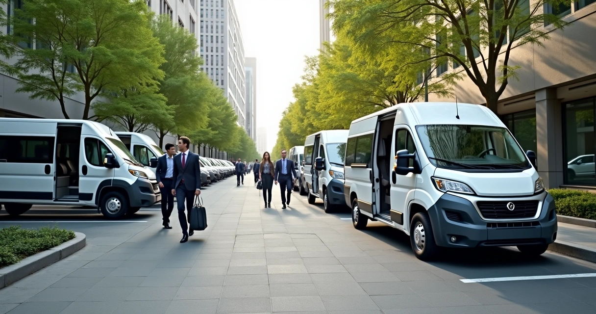 Vans confortáveis em fila esperando para transporte corporativo em área urbana 