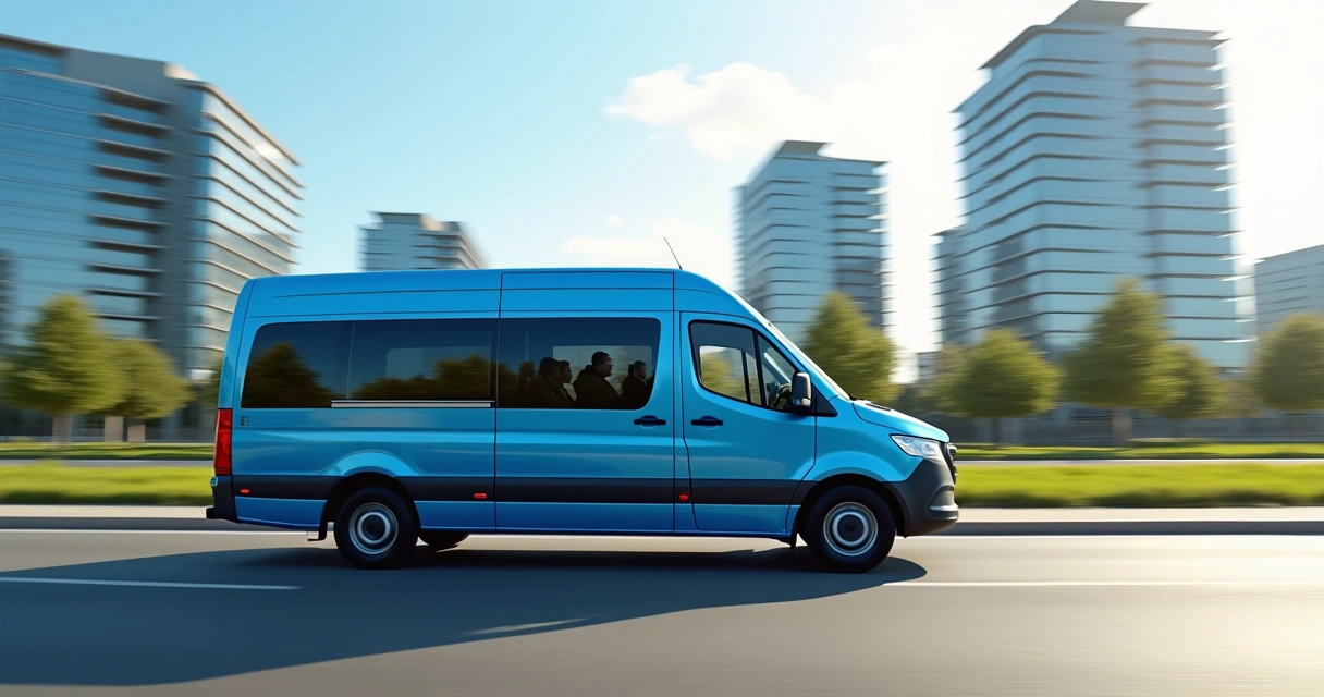 Van azul moderna em estrada urbana com empresa ao fundo, simbolizando transporte corporativo eficiente e econômico 