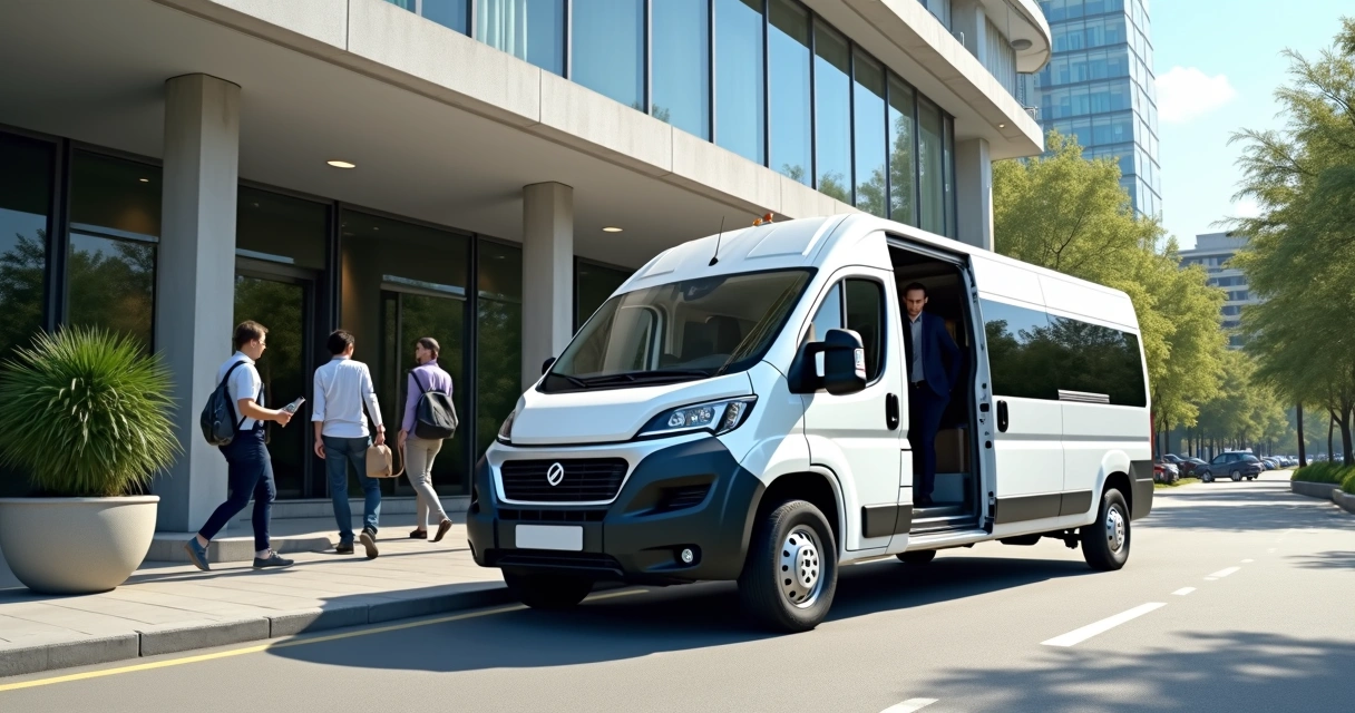 Van branca de transporte corporativo estacionada em frente a prédio comercial com colaboradores entrando pela porta 