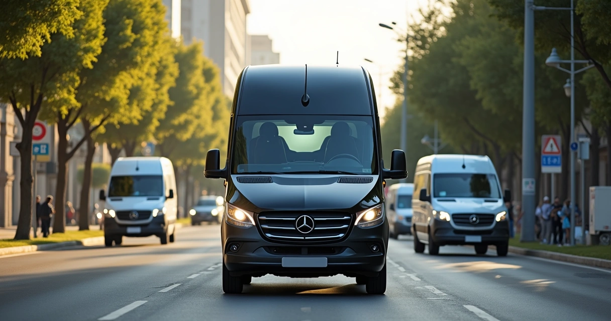 Vans modernas em fila com motoristas profissionais, em rua urbana com vegetação e edifícios ao fundo, ilustrando transporte corporativo personalizado e rotas flexíveis 