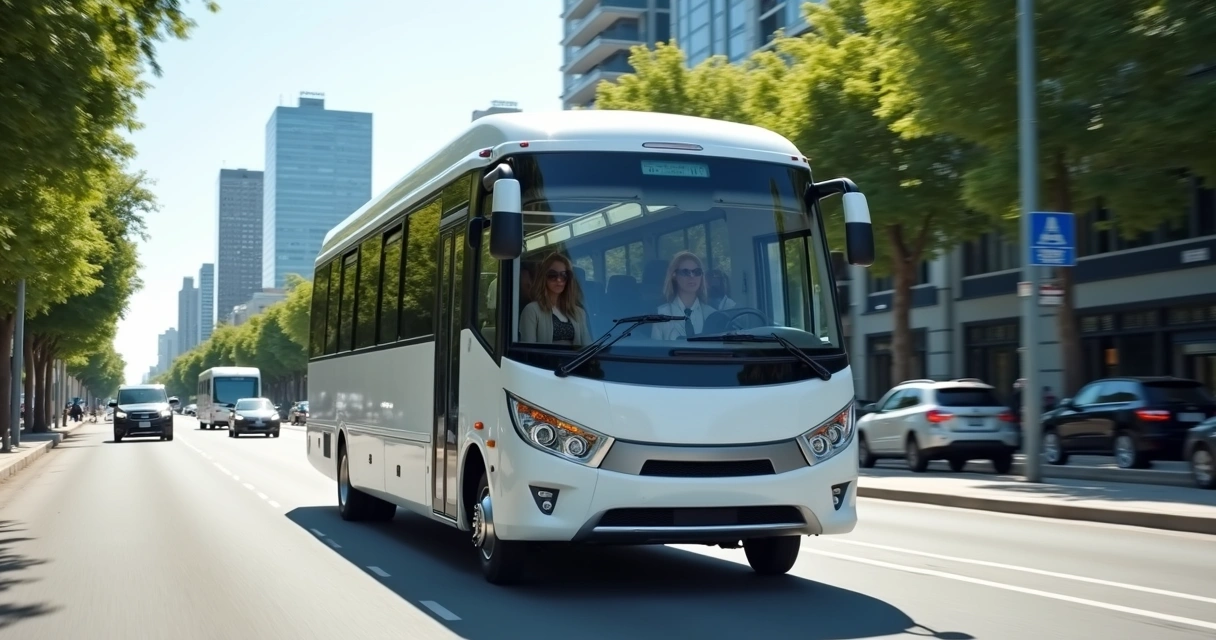 Van branca moderna em trânsito urbano transportando colaboradores durante o dia com prédios ao fundo e trânsito organizado 