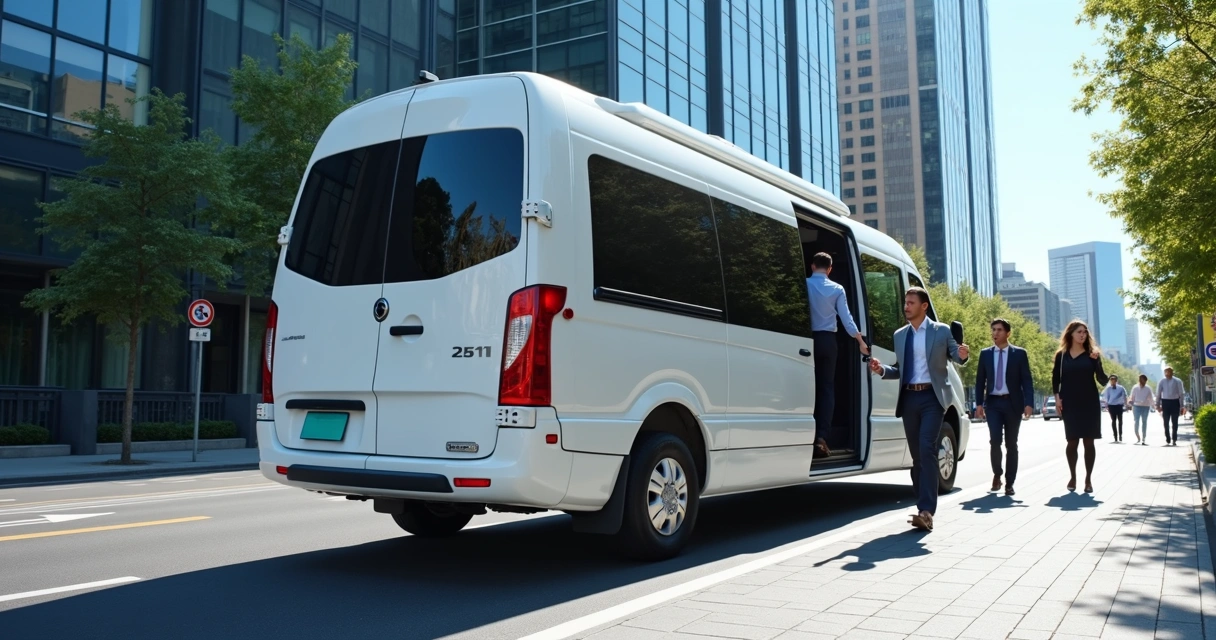 Van de transporte corporativo em rua urbana com edifícios modernos ao fundo 