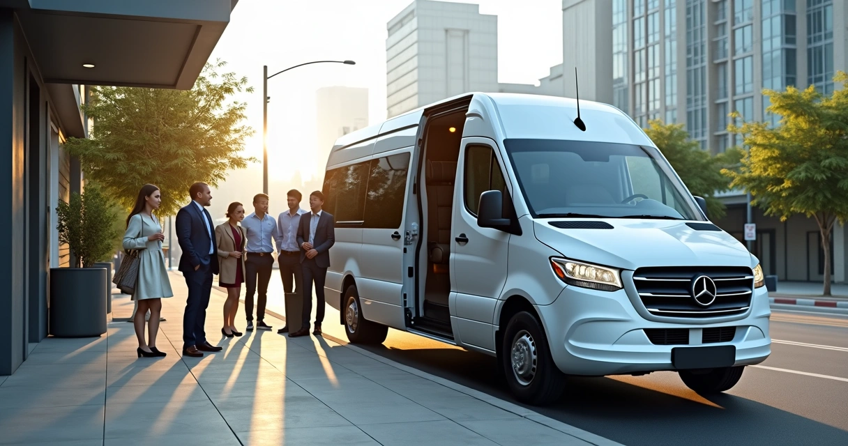 Van branca de transporte corporativo parada em via urbana com colaboradores embarcando 