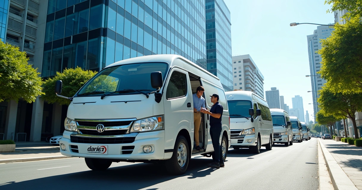 Vans de transporte corporativo em frente a prédios comerciais urbanos 