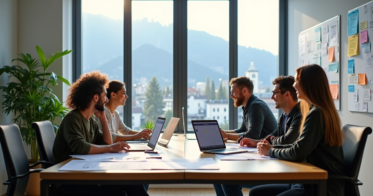Startup team in a modern office discussing app development 