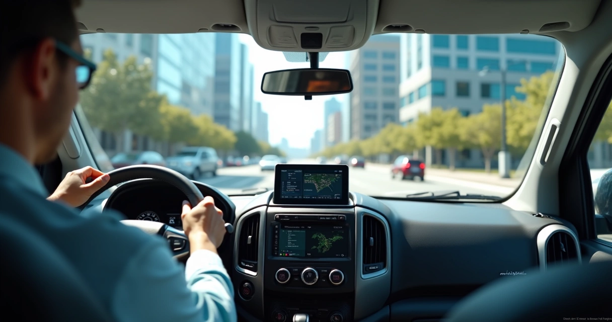 Van corporativa com equipamento de telemetria em destaque na cabine, cenário urbano ao fundo 
