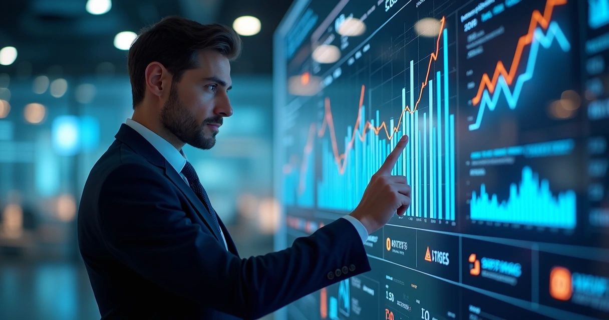 Profissional apontando gráficos de crescimento diante de um painel de dados digitais 