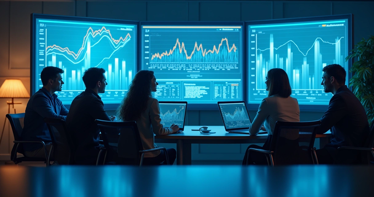 Equipe acompanhando crescimento de leads em gráficos digitais 