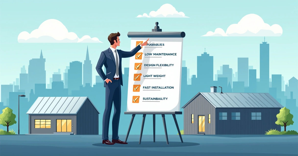 Pessoa apontando para lista de vantagens de cobertura metálica 