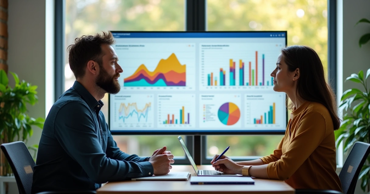 Duas pessoas analisando resultados de vendas em gráficos na tela 